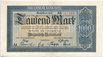 Németország / Weimari Köztársaság / Bajorország 1922. 1000M T:III szép papír Germany / Weimar Republic / Bavaria 1922. 1000 Mark C:F nice paper Krause S924