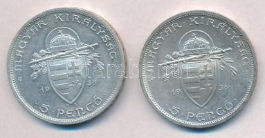 1938. 5P Ag "Szent István" (2x) T:1-,2 apró ph. 
Adamo P8.1