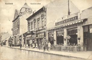 Szolnok, Gorove utca, Népbank rt., Korzó (Corso) kávéház, üzletek (fa)