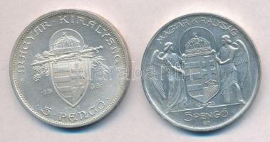 1938. 5P Ag "Szent István" + 1939. 5P Ag "Horthy balra" T:1- 
Adamo P8.1,P8.2