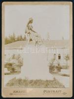 cca 1910 Bártfafürdő (Bardejovské Kúpele), Erzsébet királyné szobra, keményhátú fotó, szecessziós hátlappal, 12×9 cm