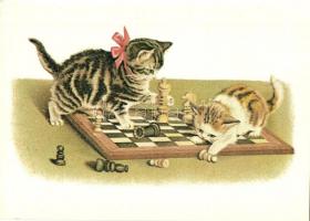 Cats playing chess - modern reproduction + 1981 Ystad SM (EK)
