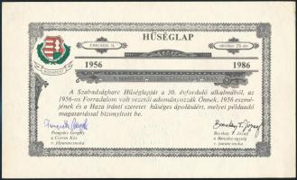 1986. 1956-os amerikai emigráns magyar megemlékezés emléklapja. Hűséglap. Rajta Pongrátz Gergely és Bocskay T. József saját kezű aláírásával