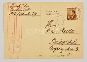 1943 Előnyomott szöveges levelezőlap a Theresienstadti gettóból, OKW gépi cenzúrabélyegzéssel Budapestre küldve