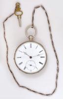 Ezüst zsebóra, ezüst óralánccal, kulcsos szerkezettel, szép, működő állapotban / Silver pocket watch