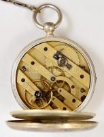 Ezüst zsebóra, ezüst óralánccal, kulcsos szerkezettel, szép, működő állapotban / Silver pocket watch