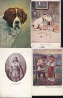 63 db régi vegyes üdvözlőlap, 1945 előtti ünnepek, művész, litho, katonai stb