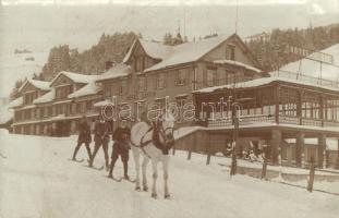 1917 Skiers with horse by Hotel Santis, skiing people, winter sport. photo