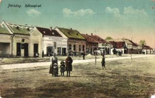 Párkány, Stúrovó, Gockern; Rákóczi út, húscsarnok, Ifj. Schiller Lipót üzlete / street view with meat hall and shops (lyukas és sarokhiány / pinhole and missing corner)