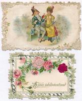 2 db 1900 előtti csipke díszítéses dombornyomott litho üdvözlőlap / 2 pre-1900 embossed litho greeting art postcards with lace dacoration, one silk card