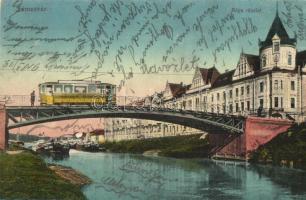 Temesvár, Timisoara; Béga folyó, híd, villamos, kávéház, MÁV uszályok / Bega river bridge, tram, café, barges