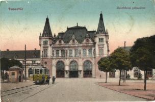 Temesvár, Timisoara; Józsefvárosi pályaudvar, vasútállomás, villamos / railway station, tram (kopott sarkak / worn corners)