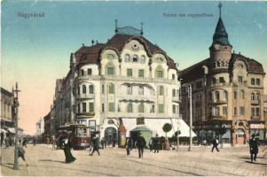 Nagyvárad, Oradea; Fekete Sas szálloda, villamos, Moskovits cipőgyár, Grosz üzlete / hotel, tram, shops (EB)
