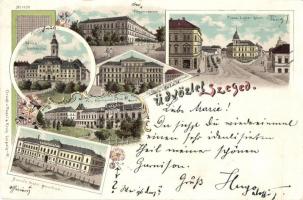 1898 Szeged, Tisza Lajos körút, Főgimnázium, Városi széképület, Honvéd tiszti pavilon, Polgári törvényszék, Tisza szálló. Regel & Krug No. 1034. Art Nouveau, floral, litho (fa)