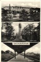 1938 Tatabánya, Anyagraktár, Hősök szobra, vasútállomás a vágányokkal. Gönczöl János kiadása (fa)