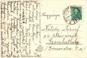 1938 Tatabánya, Anyagraktár, Hősök szobra, vasútállomás a vágányokkal. Gönczöl János kiadása (fa)