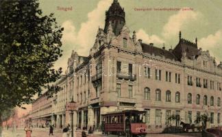 1915 Szeged, Csongrád Takarékpénztár palota, villamos megállóhely előtt, gyógyszertár, Schwarcz üzlete