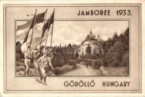 1933 Gödöllő, Cserkész Jamboree / International Scouting Jamboree in Hungary, boy scouts with flags (EK)