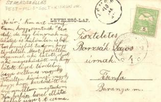 1910 Szabadszállás, vasútállomás, vasutas hajtánnyal és kerékpárossal. Díszített képeslap / Bahnhof ...