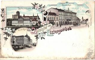 1898 Esztergom, Bazilika prímási palota, Takarékpénztár, üzletek, Prímás kert. Schwidernoch Károly műintézete, floral, Art Nouveau, litho (vágott / cut)