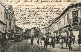 Miskolc, Széchenyi utca, villamos, Weissberg Adolf Özv. utóda divatáruháza hölgyek és urak részére, üzletek