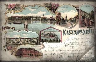 1899 Keszthely, Balatoni park, Fő utca, fürdőház, Festetics palota, Gazdasági tanintézet, Kovács Mór üzlete és saját kiadása. Art Nouveau, floral, litho