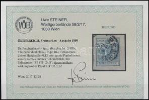 9kr HP IIIa dark blue, fine print, dick paper, corner piece "PESTH" Certificate: Steiner 9...