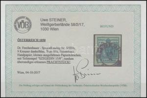 9kr HP IIIb dark blue, fine print "SZEGEDIN" Certificate: Steiner 9kr HP IIIb sötétkék fin...
