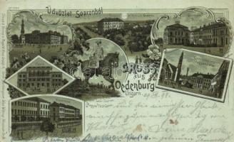 1899 Sopron, Oedenburg; Felső leányiskola, színház, Megyeház és Deák tér, laktanya, Kaszinó, Városház, Magyar testőrgárda katona. Regel & Krug No. 1022. Art Nouveau, floral, litho