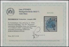 9kr HP IIIb dark blue, overinked piece "S.A.ÚJHE(LY)" Certificate: Steiner 9kr HP IIIb söt...