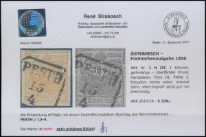 1kr HP III. sárgásnarancs, túlfestékezett nyomat  "PESTH" Certificate: Strakosch 1kr HP II...