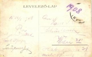 1908 Sopron, Várkerület, utcakép masírozó katonákkal, villamos sín, Báró Mátyás üzlete, Peck Lőrincz...