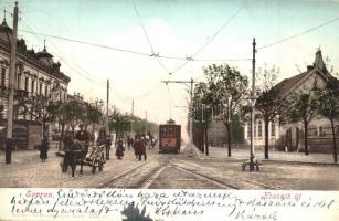 1910 Sopron, Kossuth út villamossal, Varga és Dukász áruházának reklámtáblája (EB)