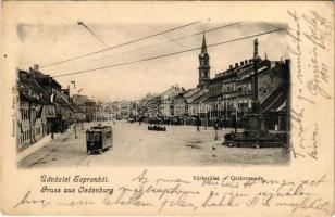 1904 Sopron, Oedenburg; Várkerület Szentháromság szobor, villamos, üzletek (EK)