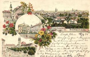 1896 (Vorläufer!) Sopron, Oedenburg; Várostorony, színház, Széchenyi tér. Art Nouveau, floral, litho