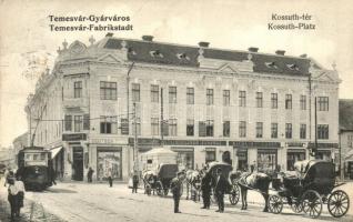 1906 Temesvár, Timisoara; Gyárváros, Kossuth tér, lovas hintók, Korona Bank, villamos, Deutsch T., Steingaszner Ferenc, Wilheim Fülöp, Goldmann S., Harang Gusztáv, Morgenstern Zsigmond és Lazarevits üzlete, gyógyszertár. Nägele Antal gyógyszertári pecsétje a hátoldalon / Fabrikstadt / Fabrica, shops, pharmacy, tram, chariots, bank, square + Antal Nägele's pharmacy stamp on the backside