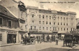 1912 Temesvár, Timisoara; Szent György tér, Belváros, Gresham belvárosi kávéház, Leitenbor József üzlete, hintók, kerékpáros férfi / square, chariots, cafe, shop, man with bicycle  (Rb)