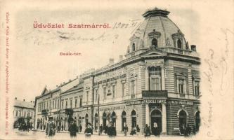 1902 Szatmárnémeti, Szatmár, Satu Mare; Deák tér, Páskuj Imre Hazai Iparcsarnoka, Első magyar általános biztosító társaság főügynöksége, Gőzmalom Társulat, Markovits Jánosné és Roóz Testvérek üzlete. Weisz Izsák kiadása / square, shops, insurance company, steam mill company (Rb)