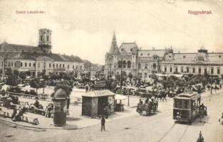 1912 Nagyvárad, Oradea, Grosswardein; Szent László tér, piaci árusok, villamos, Moskovits cipőgyár bódéja, takarékpénztár, zálogház, üzletek. Rigler Rt. kiadása / square, market vendors, tram, shops, savings bank (EK)