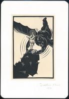 Jaschik Álmos (1885-1950): A sátán kísértése, fametszet, papír, utólagos jelzéssel, papírlapra ragasztva, 16x11 cm