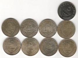Österreich, 1960-68, 5 Schilling, 9 Stück kompl.Serie, Silber, J.493, Erh.: meist vz/többsége kiváló