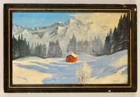 Krizsán jelzéssel: Kunyhó a havas csúcsoknál. Olaj, farost, keretben, 52×82 cm
