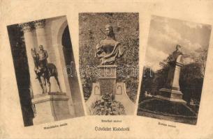 Kisbér, Wenckheim Béla lovasszobor, Erzsébet királyné és Kozma szobor. Haftl Kálmán kiadása (r)