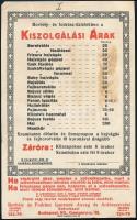 cca 1920 Budapest, Borbély- és fodrász üzletek kiszolgálási árai, 28,5x18 cm