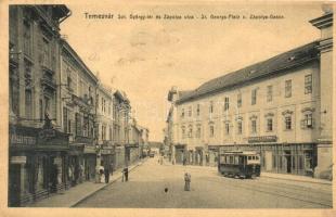 Temesvár, Timisoara; Szent György tér és Zápolya utca, villamos, Maison Lechner B., Müller Péter vegyi tisztító és Rosner üzlete, szálloda. Uhrmann Henrik kiadása / streets, tram, shops, hotel (EB)