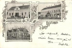 1899 Beled, Barthodeiszky kastély, Doprentet Gábor üzlete, vendéglő, étterem. Art Nouveau, floral (EK)