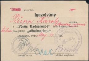 1919 Igazolvány Vörös Hadseregbe jelentkezett alkalmatlanságáról, pecséttel, aláírással, 10x15 cm