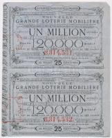 Franciaország ~1910-1920. Lottószelvény (2x) ívben, sorszámkövetők, bélyegzéssel T:III France ~1910-1920. Lottery ticket (2x) in sheet, sequential serials, with overprint C:F