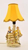 Táncoló párt ábrázoló porcelán asztali lámpa, búrával, jelzett, hibátlan, m: 38 cm