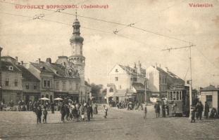 Sopron, Várkerület, villamos, Müller Ferenc, Pollák Arnold, Püller Frigyes, Hertl üzlete, piac. M. G. S. 87. (EK)